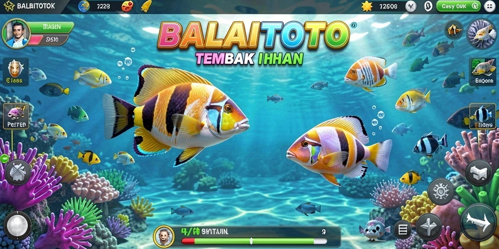 Tampilan gameplay BALAITOTO dengan berbagai ikan berwarna-warni.