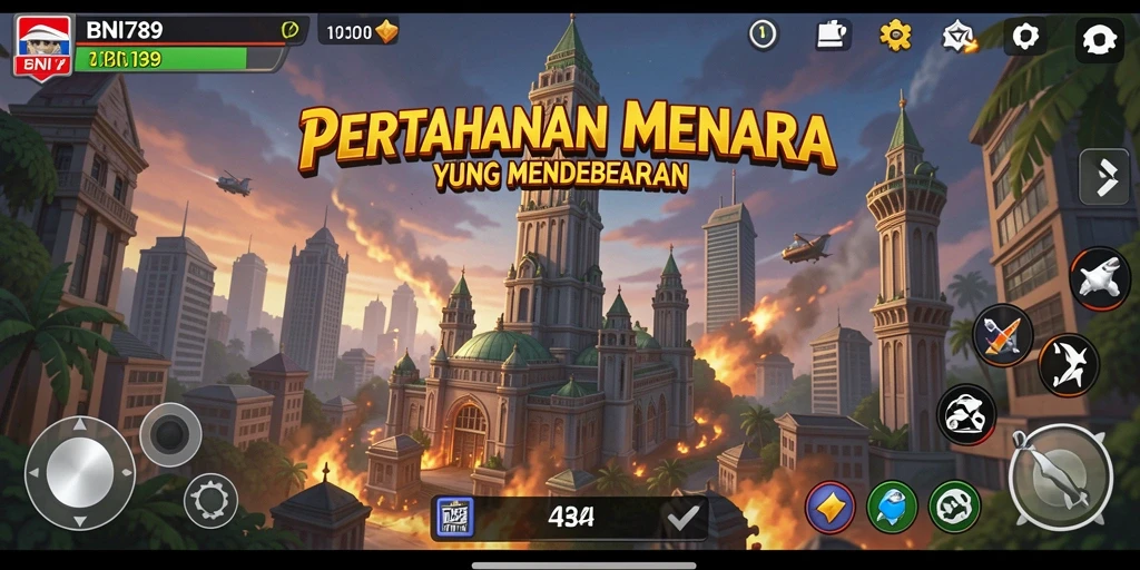 Tangkapan layar BNI789 menampilkan aksi mempertahankan menara dengan strategi yang dinamis.