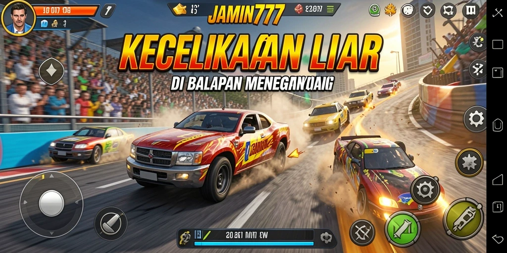 Tangkapan layar menampilkan aksi balapan seru dalam JAMIN777 dengan kendaraan berkecepatan tinggi.