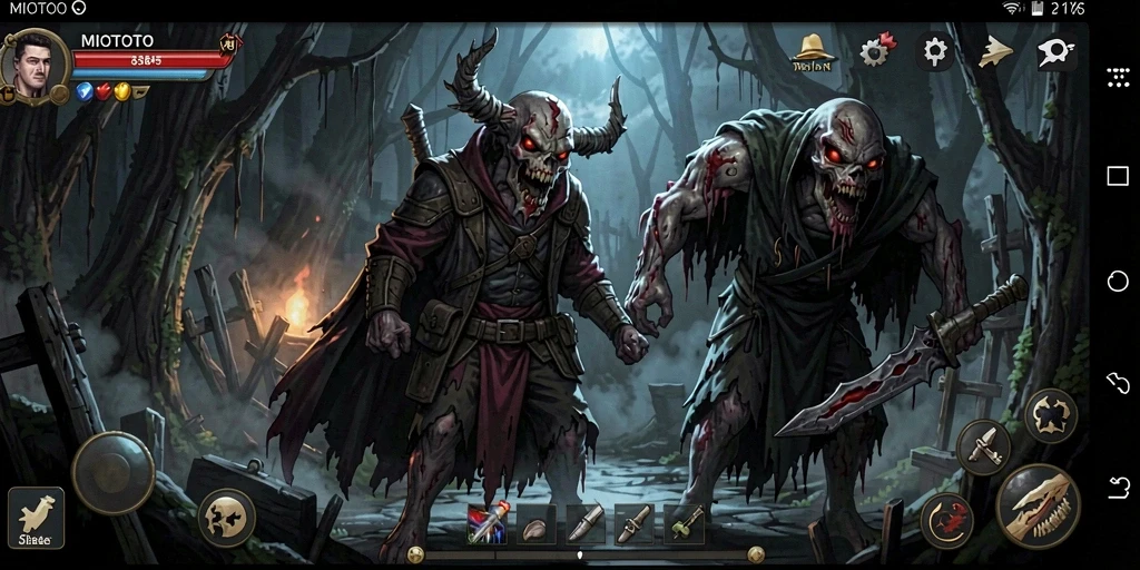 Screenshot gameplay MIOTOTO menampilkan suasana mencekam dan makhluk menyeramkan.