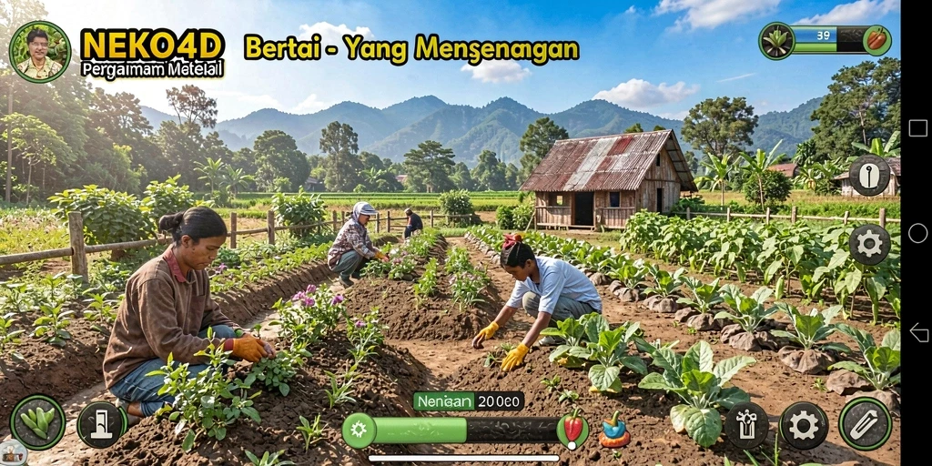 Screenshot gameplay NEKO4D menampilkan lahan pertanian yang cerah dan penuh kehidupan.