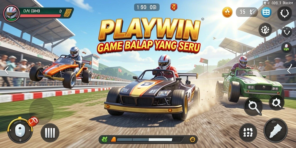 Screenshot utama PLAYWIN menampilkan aksi balapan yang seru dan adrenalin tinggi.