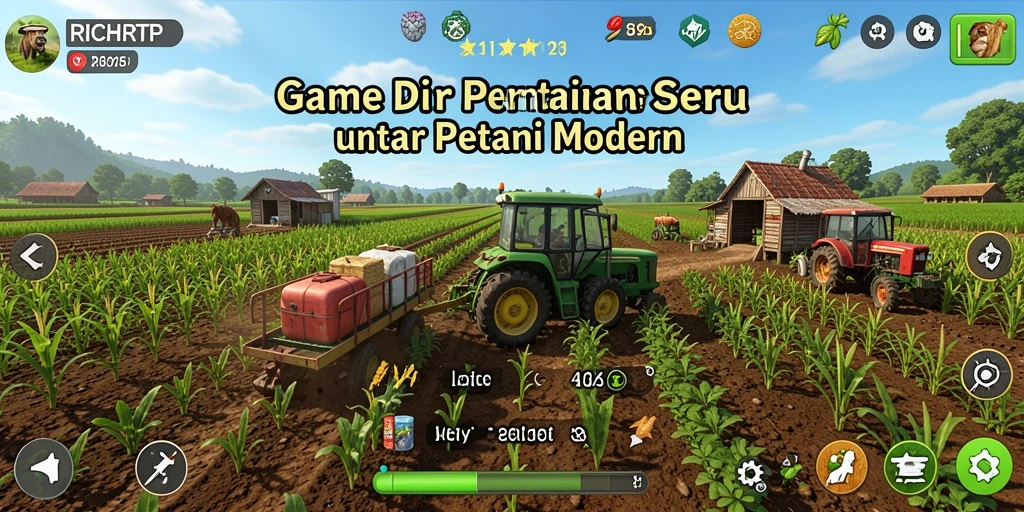 Screenshot gameplay RICHRTP menampilkan ladang yang hijau dan tanaman segar.