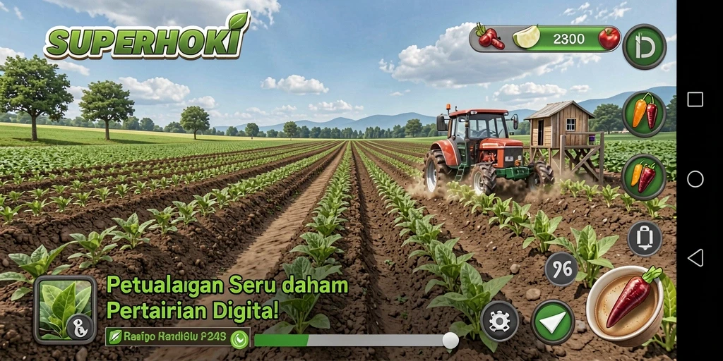 Tampilan gameplay SUPERHOKI yang menakjubkan dalam suasana pertanian.